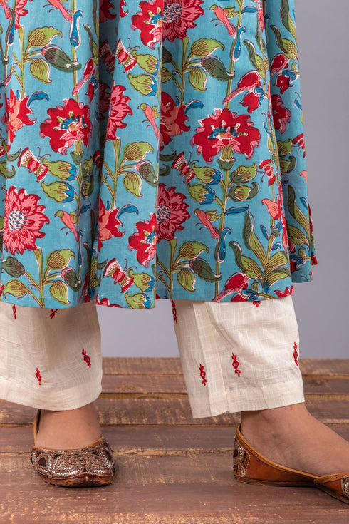 Teal Blue Floral Print Anarkali Kurta with Pant. (Set of 2)