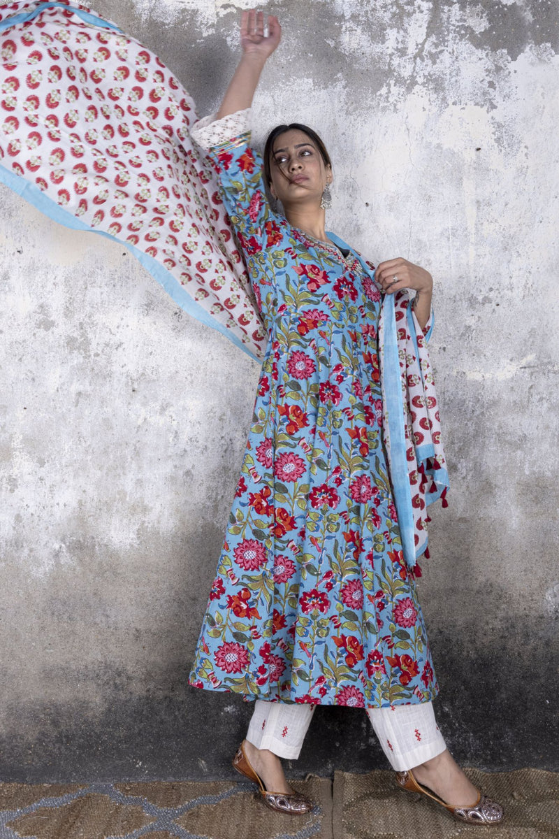 Mahi Blue Pure Cotton Anarkali Set with Dupatta