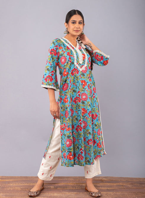 Teal Blue Block Printed A-line Kurta with Pant (Set of 2)