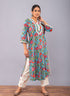 Teal Blue Block Printed A-line Kurta with Pant (Set of 2)