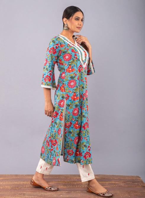 Teal Blue Block Printed A-line Kurta with Pant (Set of 2)
