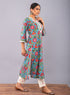 Teal Blue Block Printed A-line Kurta with Pant (Set of 2)