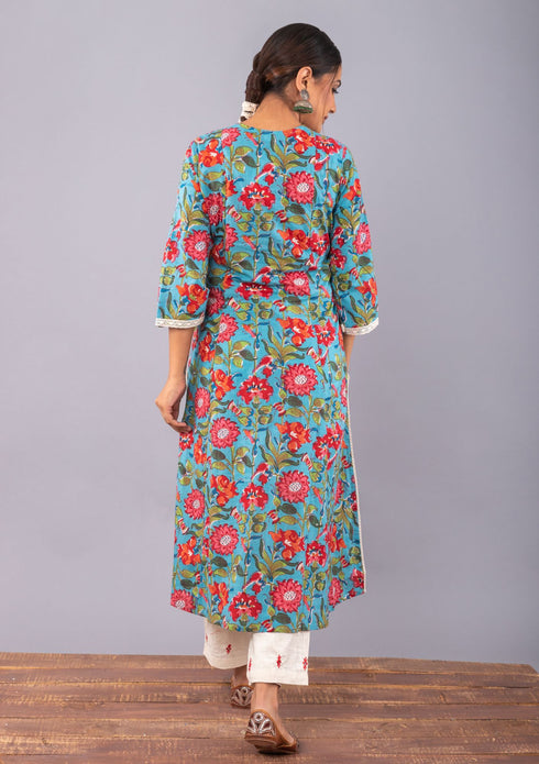 Teal Blue Block Printed A-line Kurta with Pant (Set of 2)