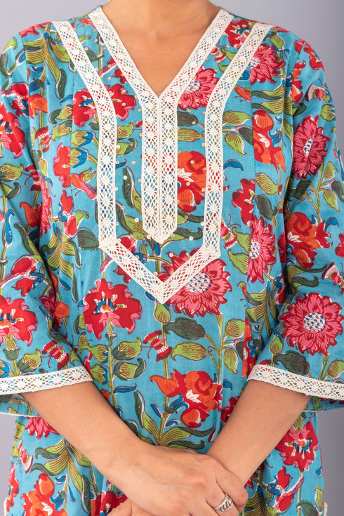 Teal Blue Block Printed A-line Kurta with Pant (Set of 2)