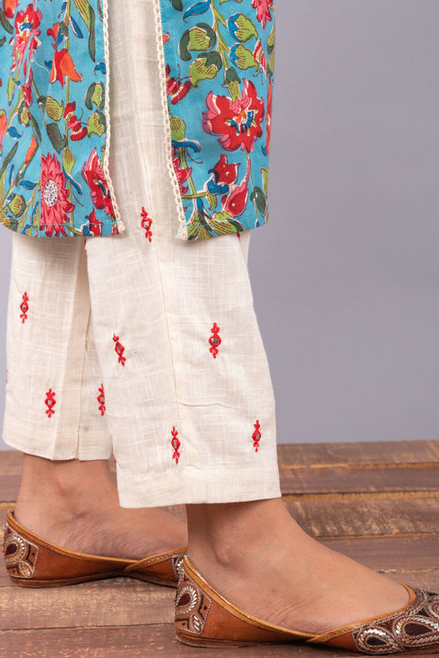 Teal Blue Block Printed A-line Kurta with Pant (Set of 2)