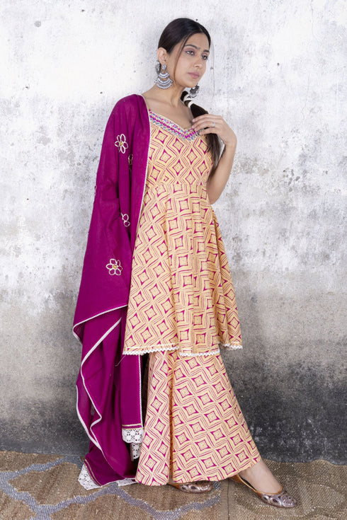 Red Sand Sharara Suit Set with Gota Work (Set of 3)