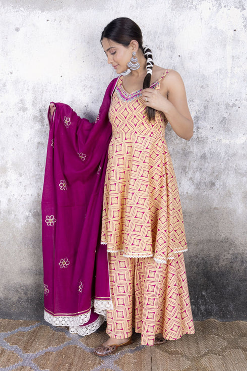 Red Sand Sharara Suit Set with Gota Work (Set of 3)