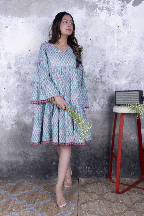 Teal Small Booti Printed Short Dress