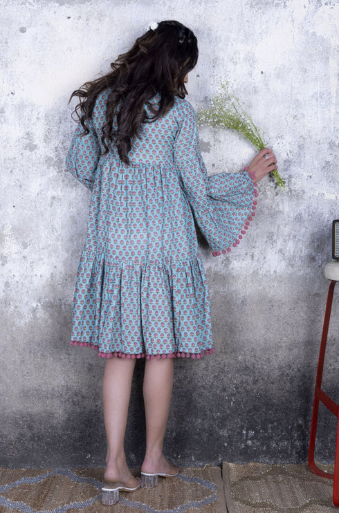 Teal Small Booti Printed Short Dress