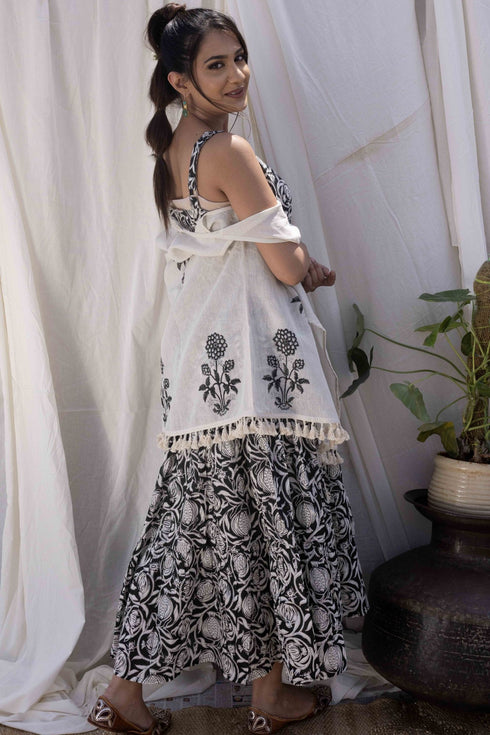 Black Pomegranate Print Flared Dress with Cape (set of 2)