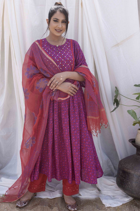 Magenta Printed Gathered Kurta with Pant and Dupatta (set of 3)