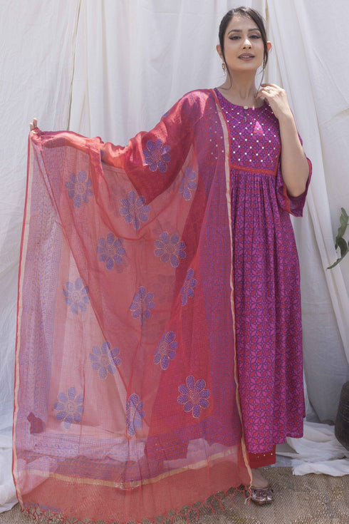 Magenta Printed Gathered Kurta with Pant and Dupatta (set of 3)