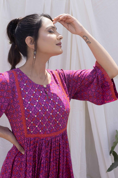 Magenta Printed Gathered Kurta with Pant and Dupatta (set of 3)