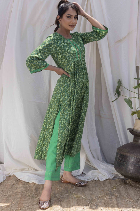 Jungle Green Printed Gathered Kurta with Pant (set of 2)