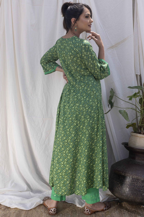 Jungle Green Printed Gathered Kurta with Pant (set of 2)