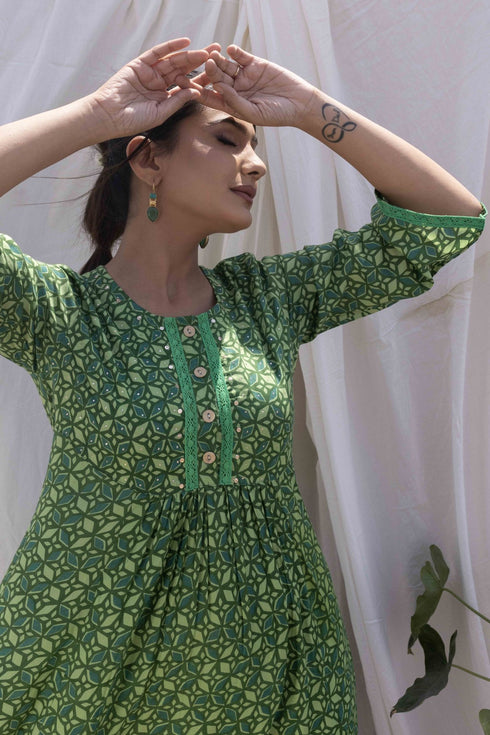Jungle Green Printed Gathered Kurta with Pant (set of 2)