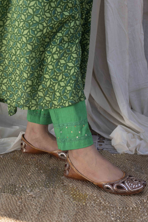 Jungle Green Printed Gathered Kurta with Pant (set of 2)