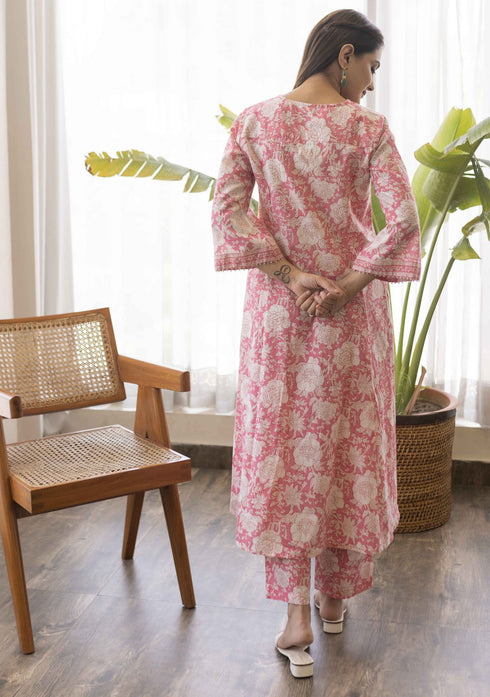 Rose Pink Sanganeri Print Co-ord Set (Set Of 2)
