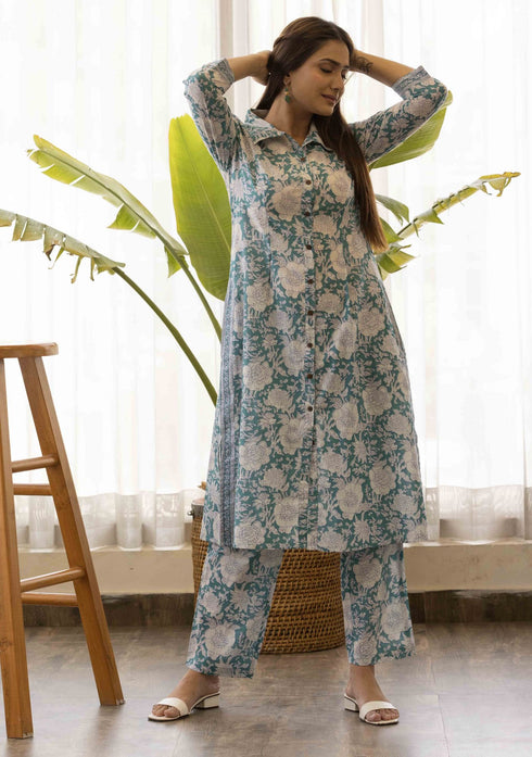 Persian Green Sanganeri Print Co-Ord Set (set of 2)