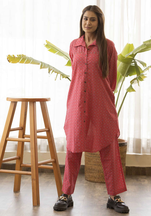 Amaranth Red Discharge print Co-Ord Set (set of 2)