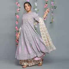 Jacquard grey Anarkali Kurta with Palazzo and Dupatta (Set Of 3)