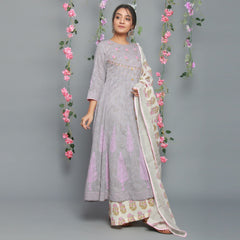 Jacquard grey Anarkali Kurta with Palazzo and Dupatta (Set Of 3)