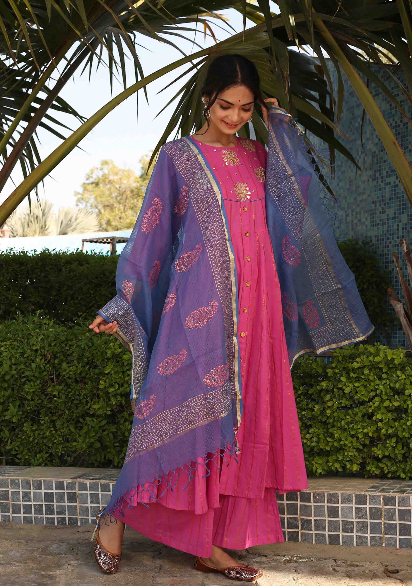 Magenta Anarkali Kurta with Palazzo and Dupatta (Set of 3)