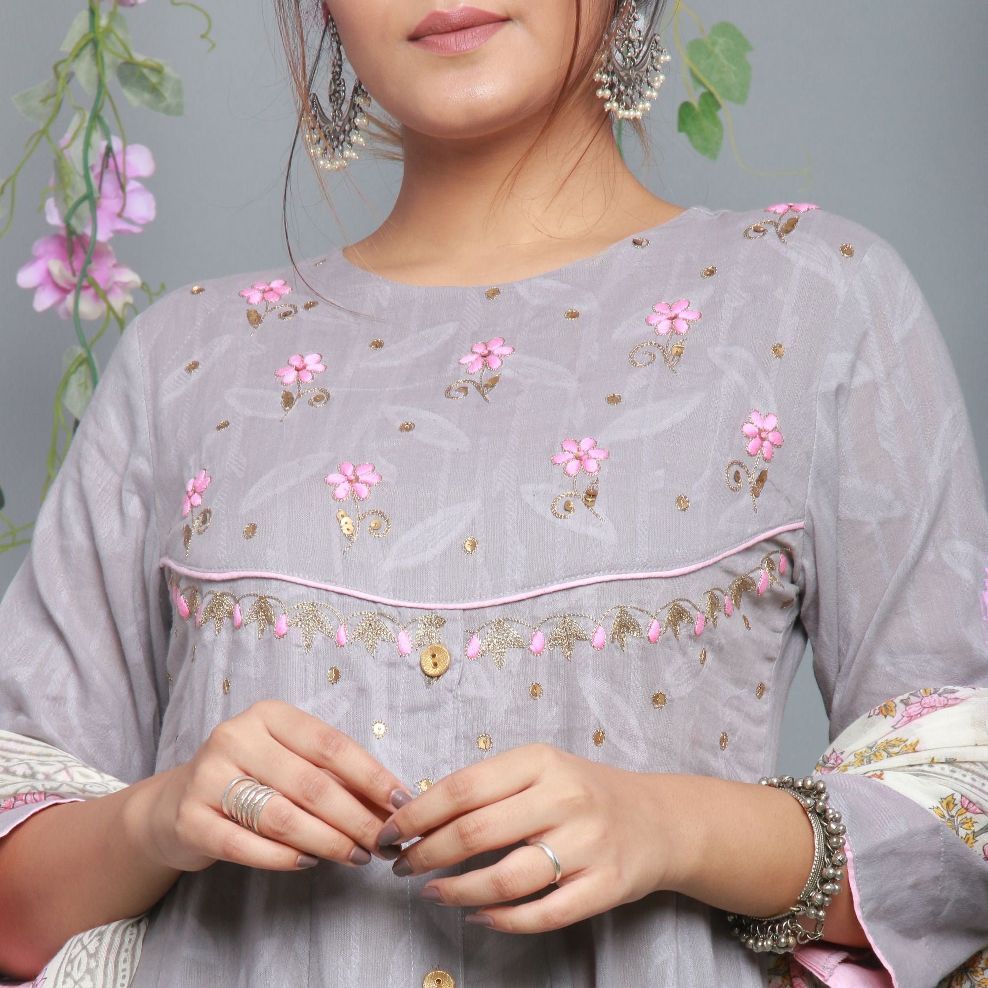 Jacquard grey Anarkali Kurta with Palazzo and Dupatta (Set Of 3)