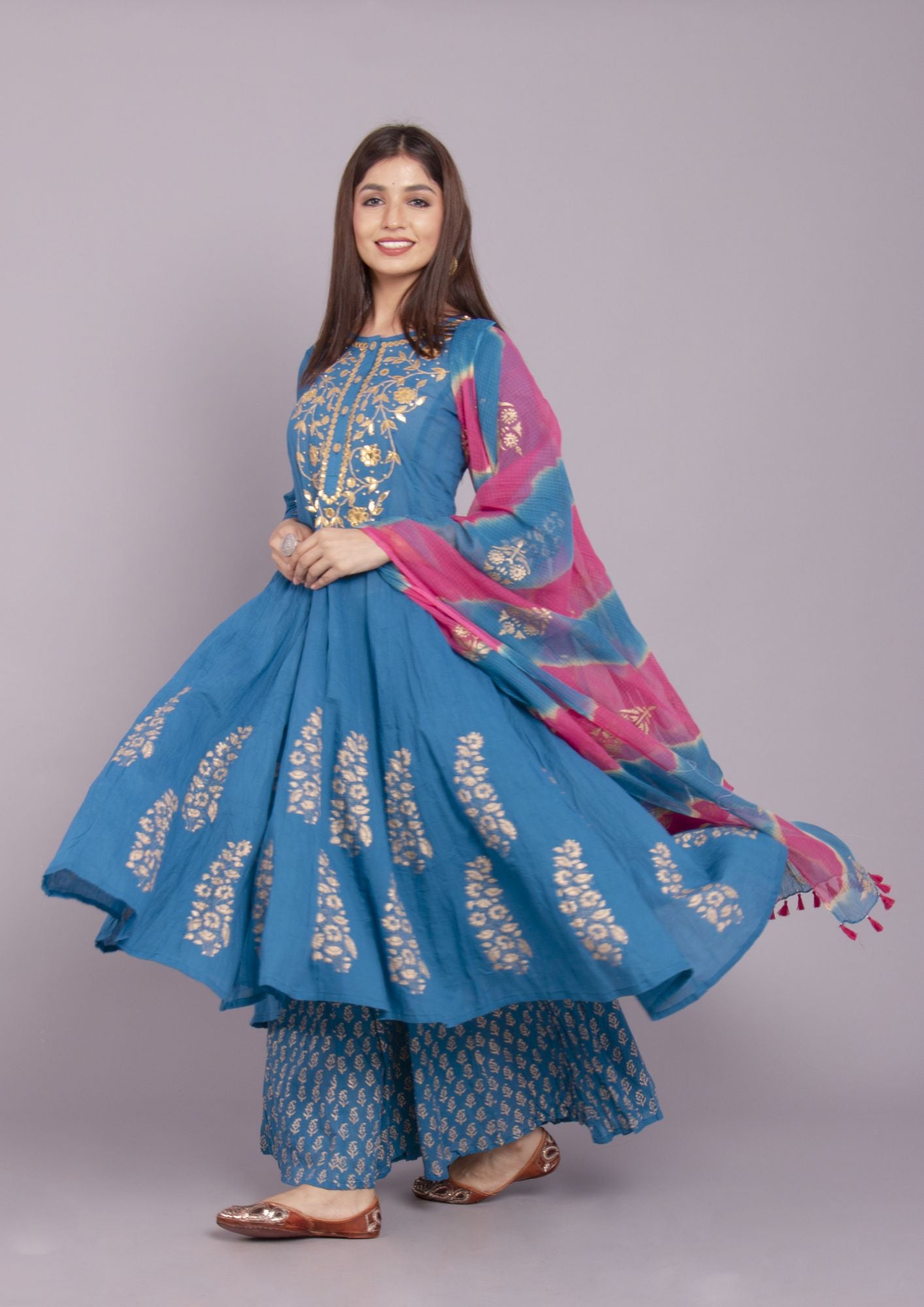 Blue Voile Gota Patti Anarkali Kurta with Sharara and Dupatta (Set Of 3)