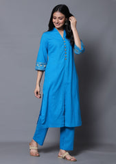 Turquoise Blue Zari Work Kurta with Pant (Set of 2)