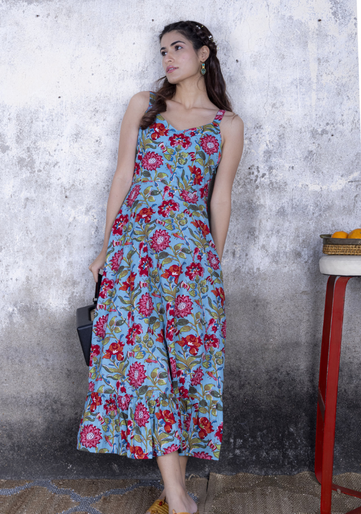 Teal Blue Floral Print Midi Dress