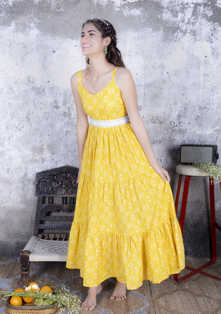 Yellow Printed Maxi Dress with Belt