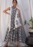 Black Pomegranate Print Flared Dress with Cape (set of 2)