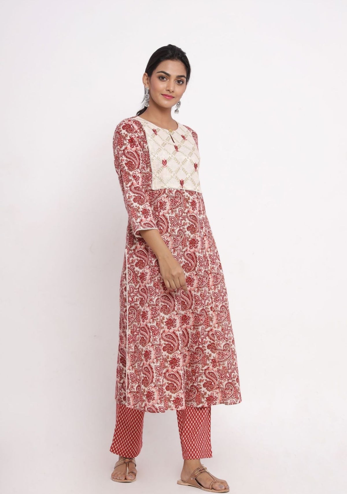 Maroon Jaal Print A-Line Kurta with Pant (Set of 2)