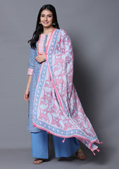 Blue Paisley Print A-Line Kurta with Palazzo and Dupatta (Set of 3)
