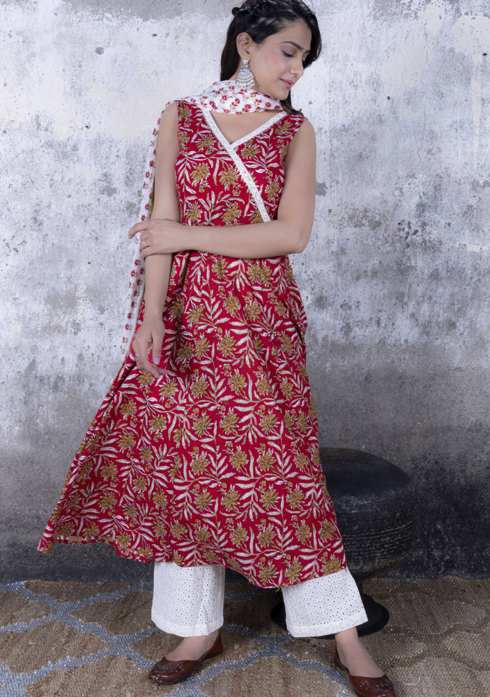 Red Jaal Print Anarkali Kurta with Pant & Dupatta (Set of 3)