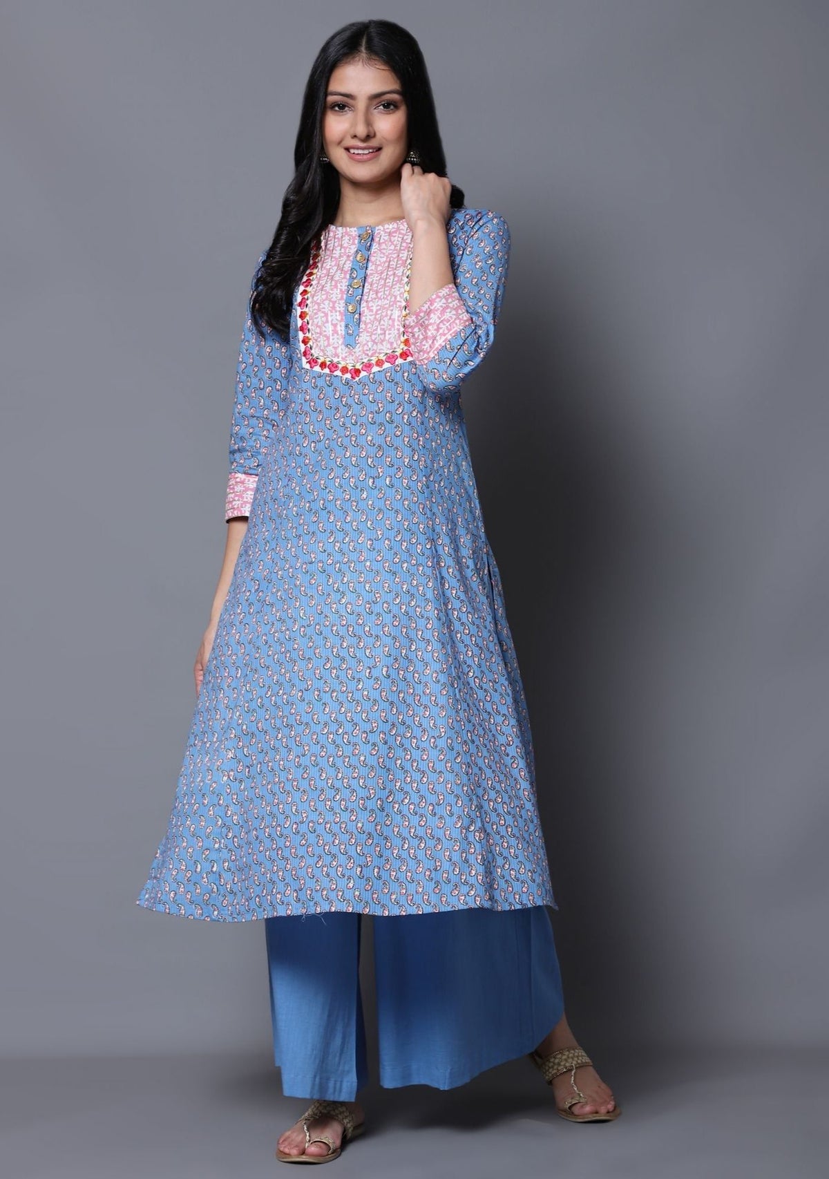 Blue Paisley Print A-Line Kurta with Palazzo (Set of 2)