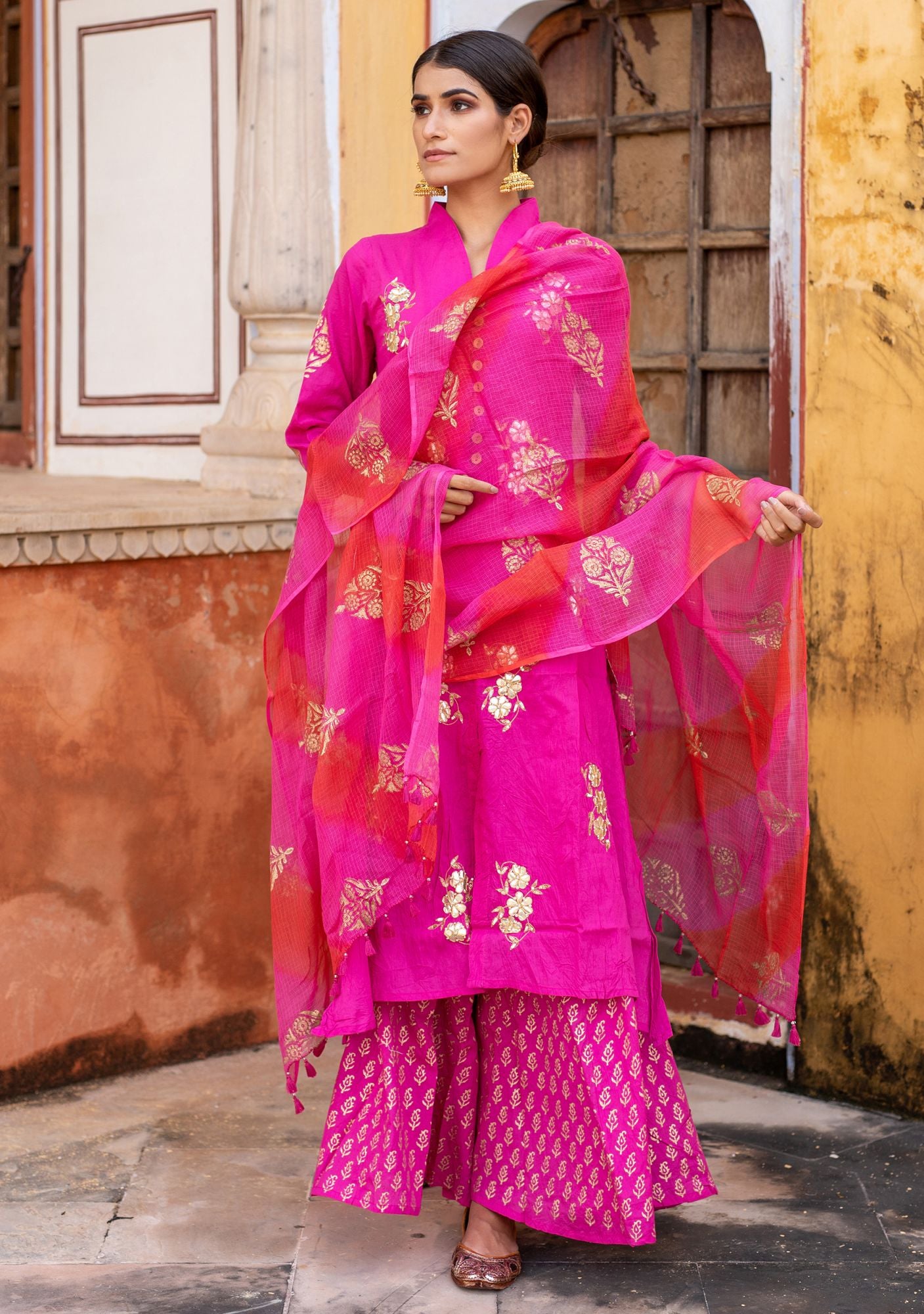 Pink Voile Gota Patti Sharara suit Set (set of 3)