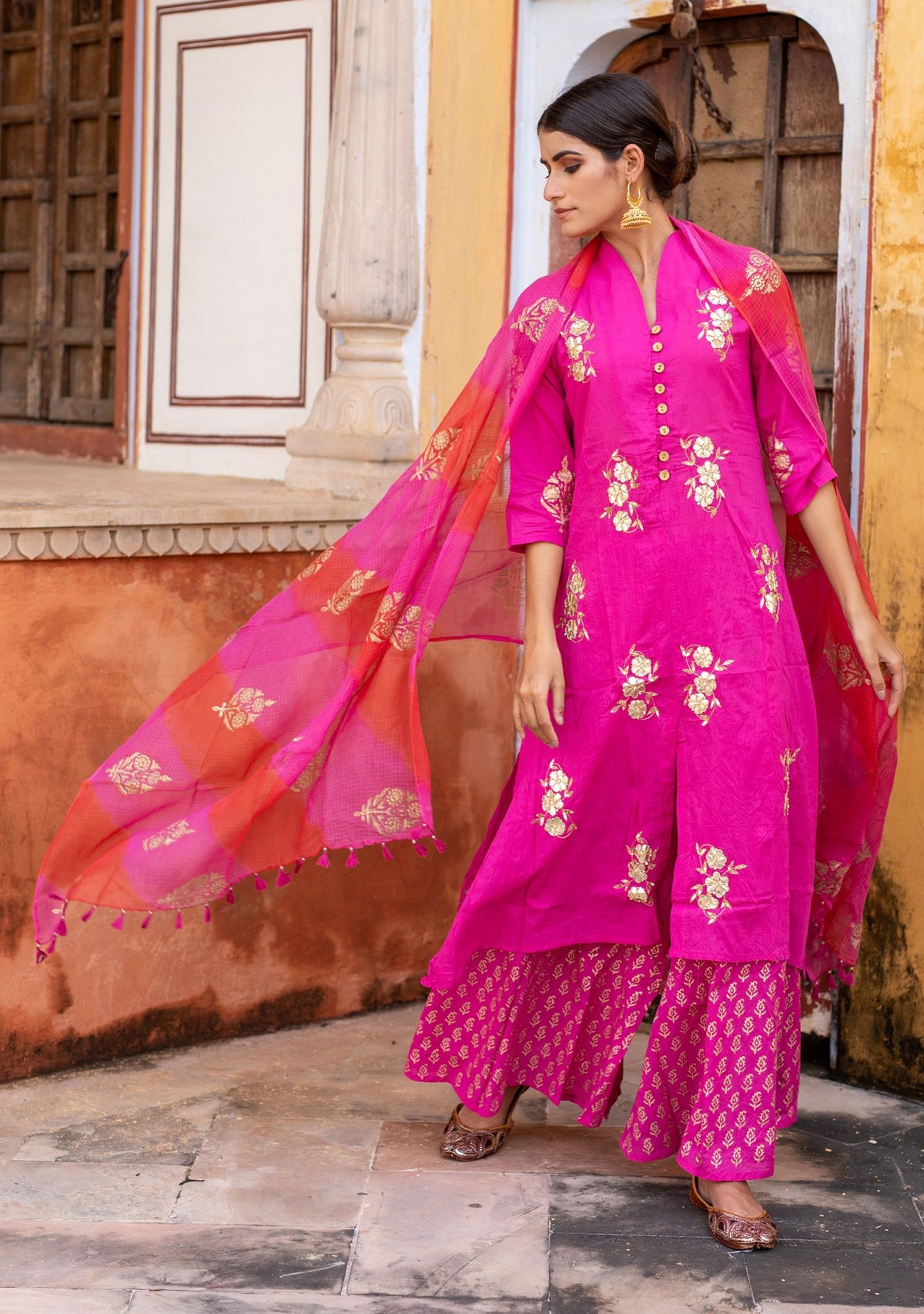 Pink Voile Gota Patti Sharara suit Set (set of 3)