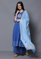 Block Printed Blue Anarkali Kurta with Palazzo and Dupatta (Set of 3)