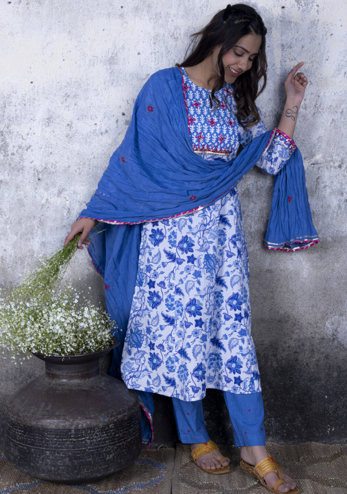 Indigo Floral Print A-line Kurta with Pant & Dupatta (Set of 3)