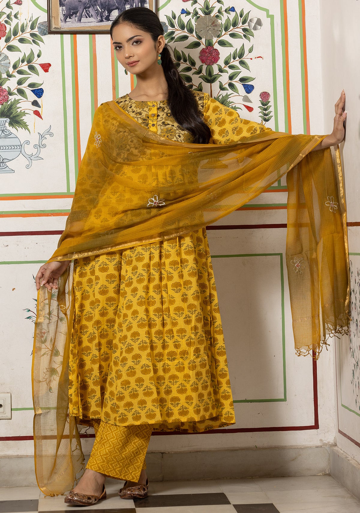 Rang Mustard Flared Kurta with Pant and Dupatta (set of 3)
