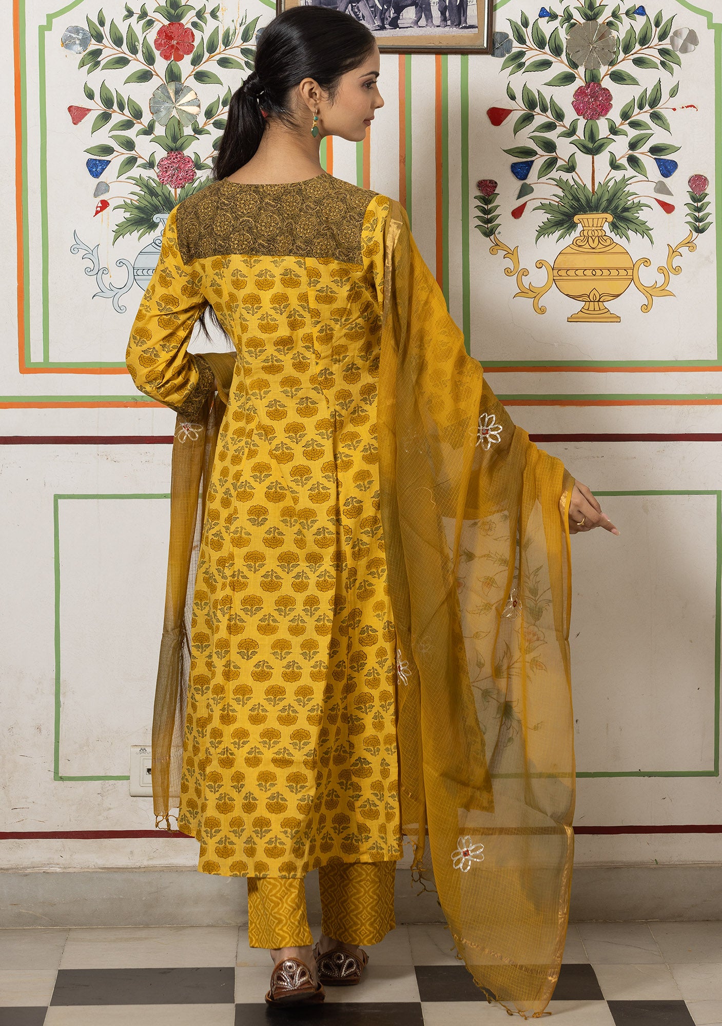 Rang Mustard Flared Kurta with Pant and Dupatta (set of 3)