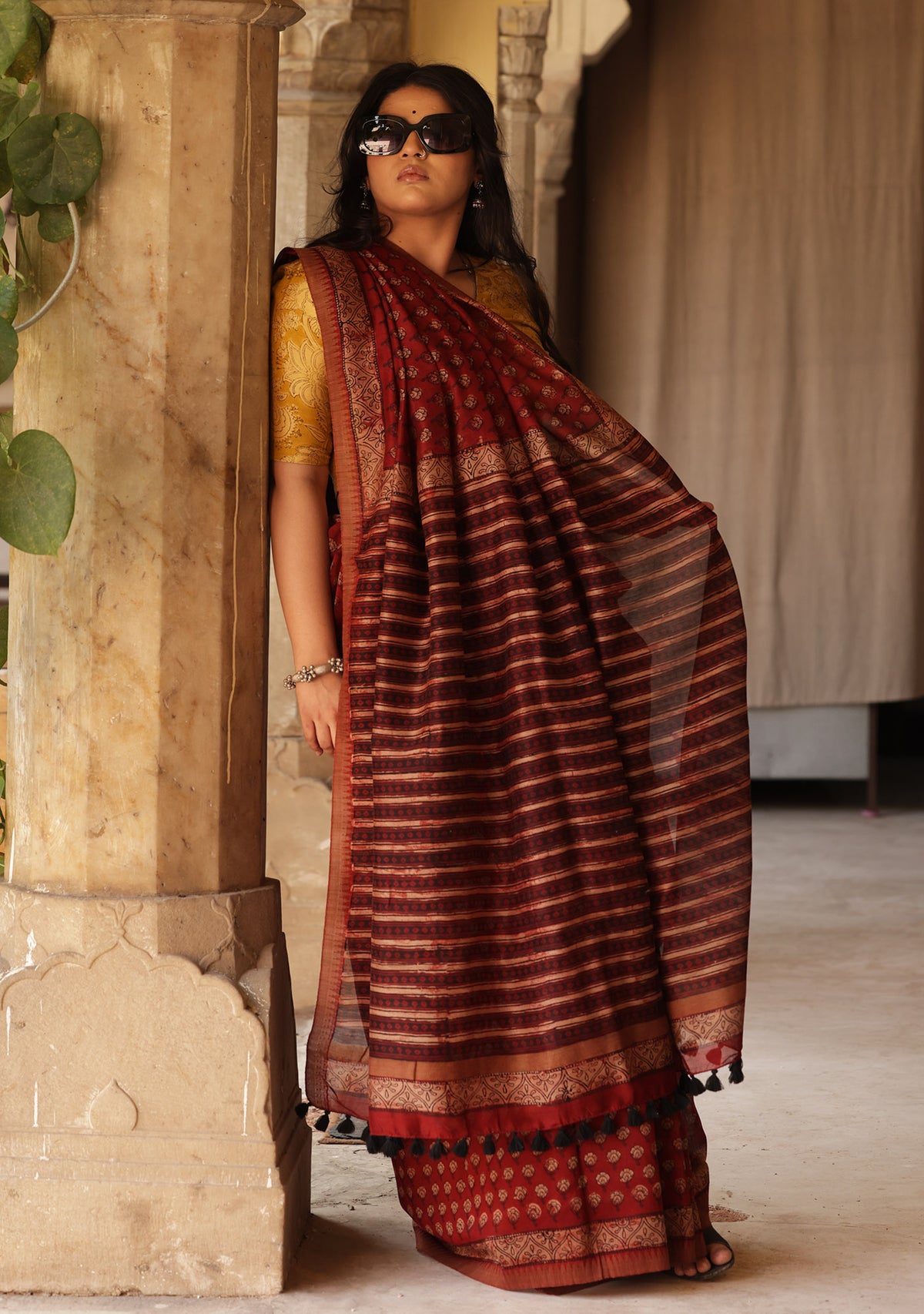 Saksha Red Booti Bagru Print Saree with Yellow Blouse