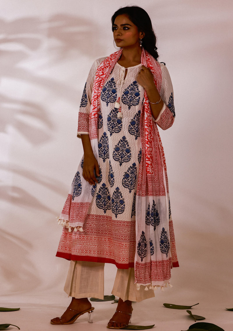 Dobby Blue Hand-Block Print A-line Kurta Set (Set of  3)