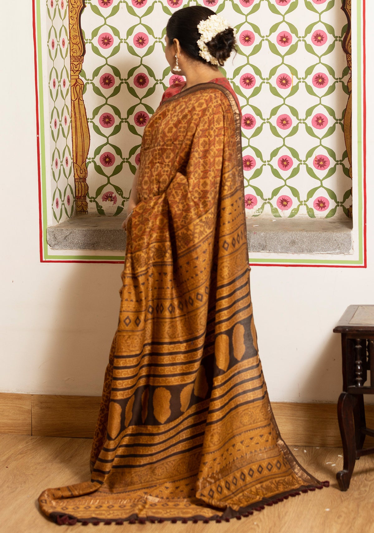 Varuna Gold Yellow Ajrakh Print Saree with Red Blouse