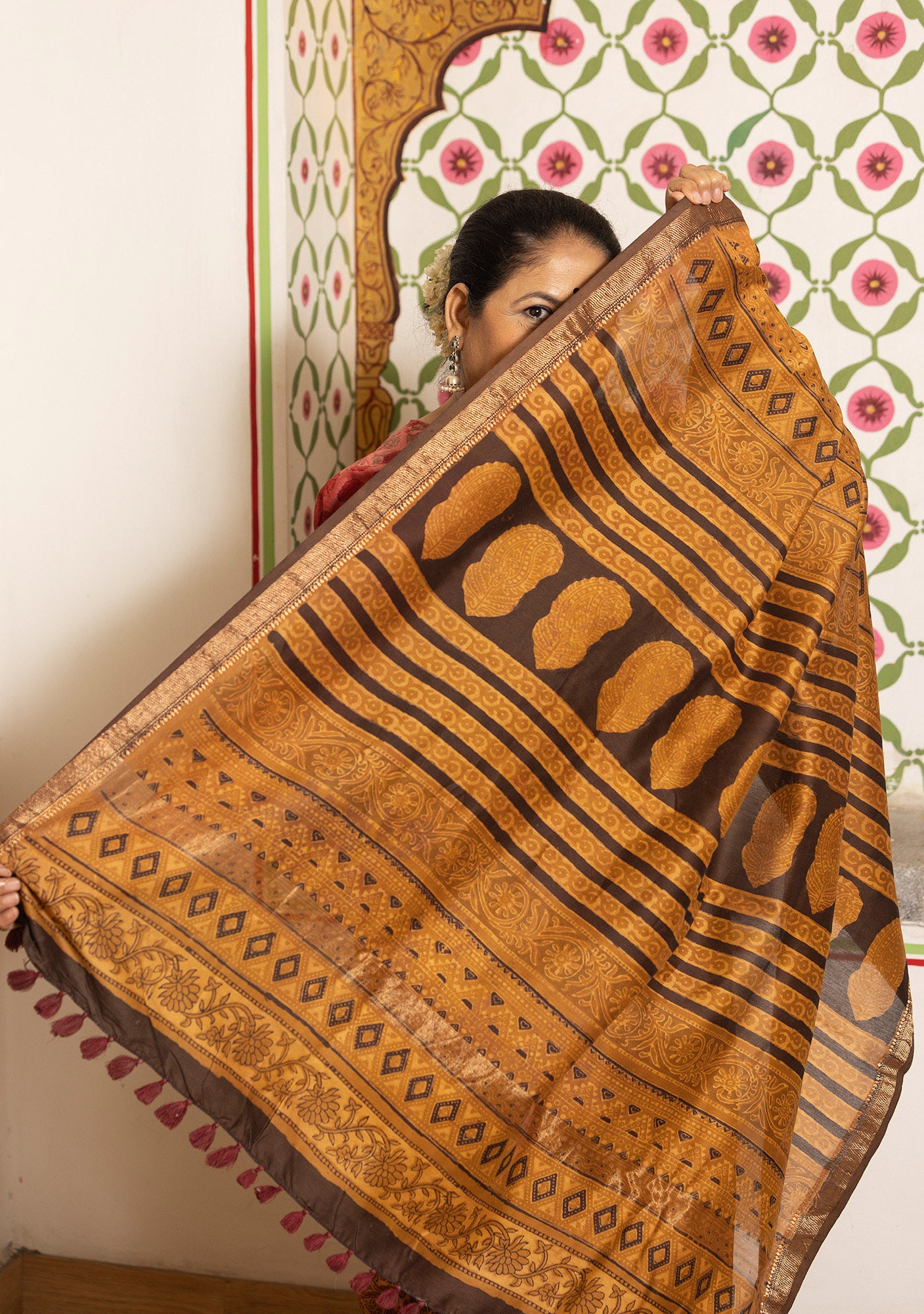 Varuna Gold Yellow Ajrakh Print Saree with Red Blouse