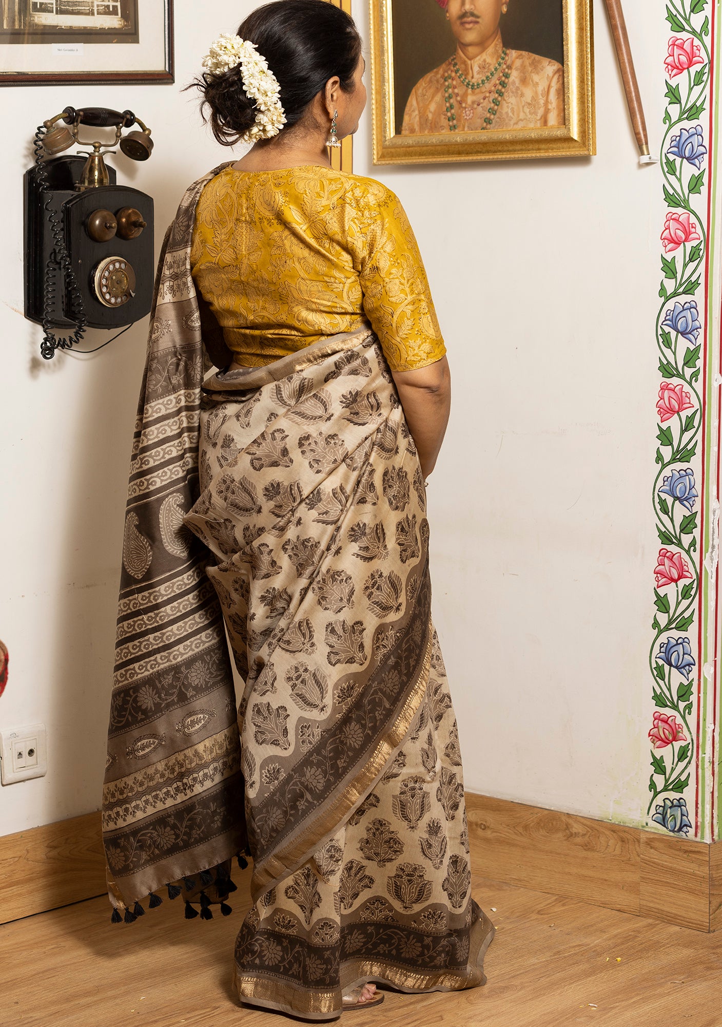 Varuna Kashish Grey Ajrakh Print Saree with Yellow Blouse