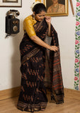 Varuna Black Bird Ajrakh Print Saree with Yellow Blouse