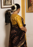Varuna Black Bird Ajrakh Print Saree with Yellow Blouse